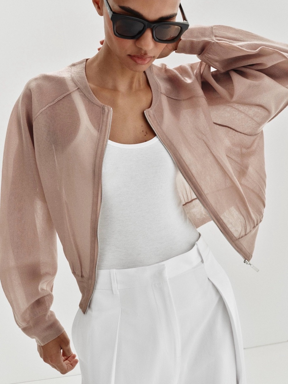 ZARA Semi-Sheer Knit Bomber Jacket Beige Pink Taupe Size Small